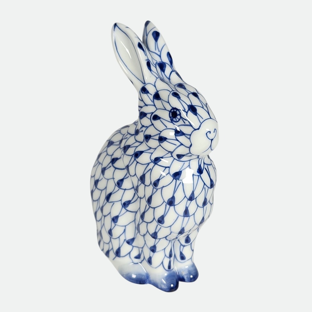 Andrea Sadek Blue & White Fishnet Hand-painted Porcelain Bunny Figurine